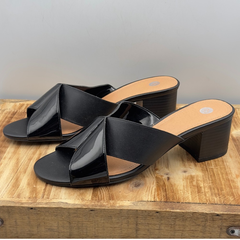 Dressbarn Sandals Black Block Heel Slide Patent Mix 9M Mules Open Toe 202879